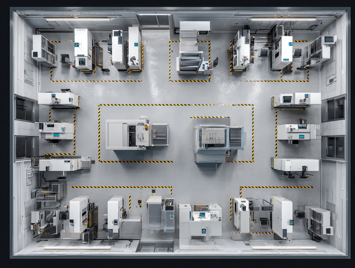 Soundproofed equipment room layout, top-down view